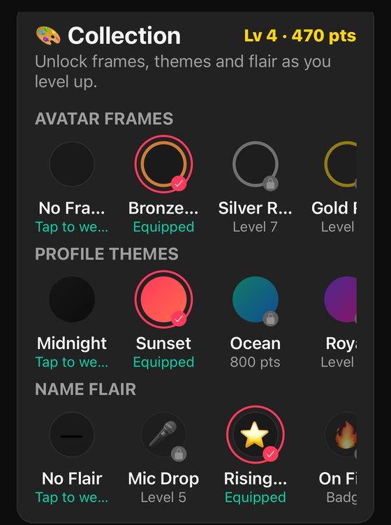 Collection screen with unlockable avatar frames, profile themes and name flair