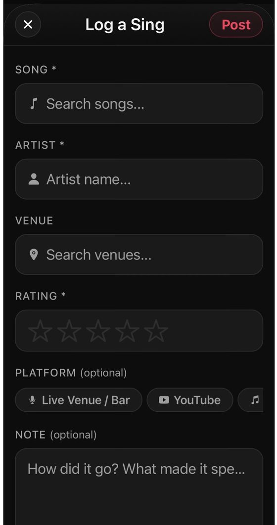 MicDrop Log a Sing screen with song, artist, venue and star rating fields