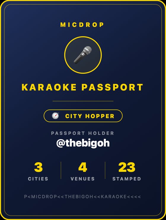 MicDrop Karaoke Passport card for a City Hopper with 3 cities and 4 venues