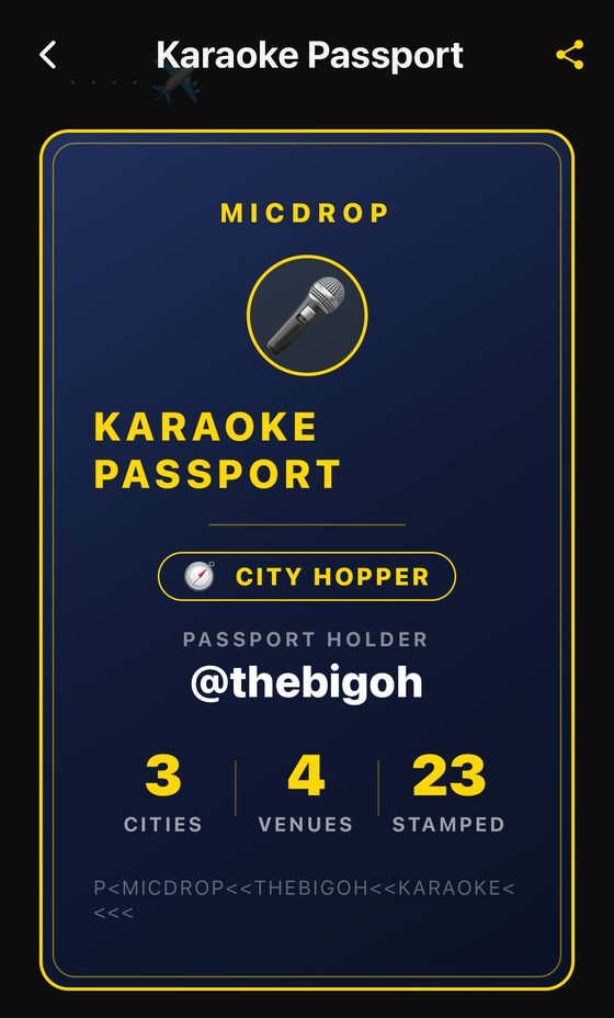 MicDrop Karaoke Passport card showing cities, venues and stamps