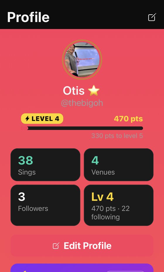Profile screen showing level, points, sings, venues and followers
