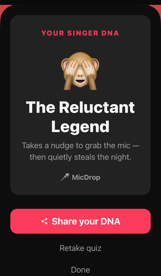 Singer DNA result screen titled The Reluctant Legend