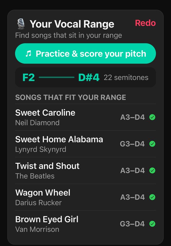 Your Vocal Range screen listing songs that fit your range
